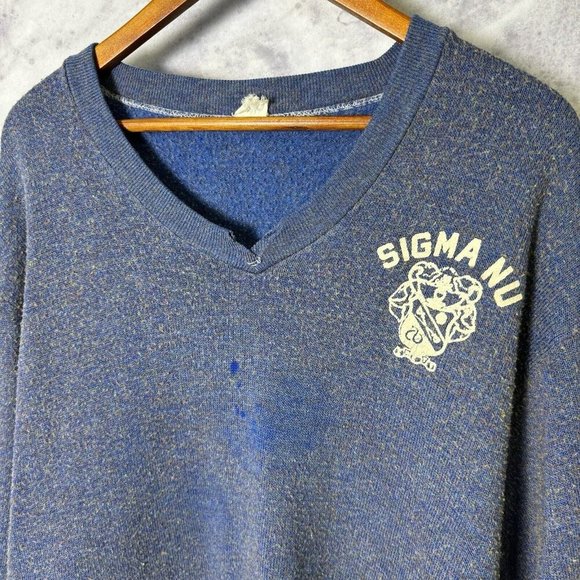 Vintage 60s Sigma Nu Sweater Mens Large Blue V Neck Long Sleeve College Frat - Picture 3 of 13